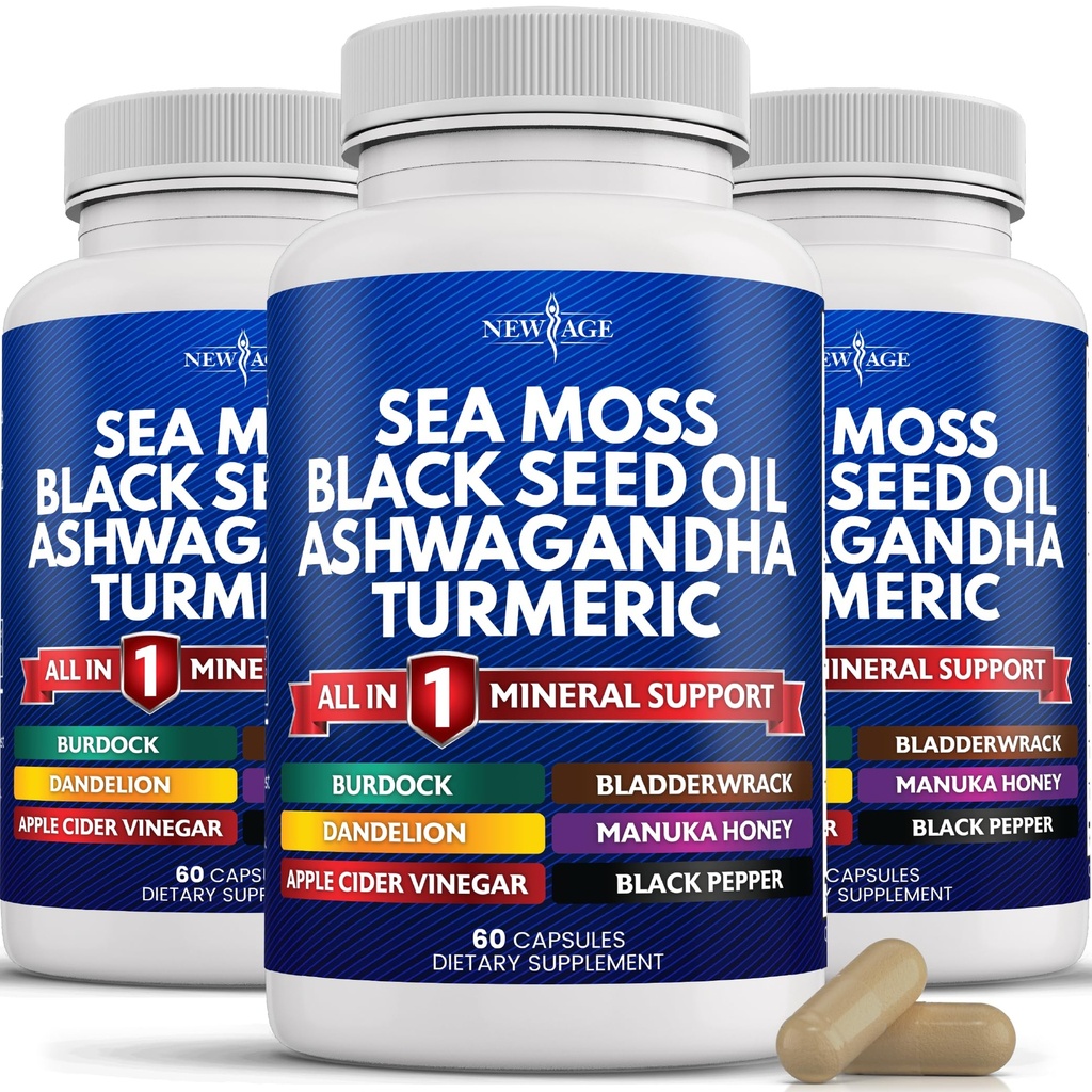 NY AGE Silica Sea Moss, Black Seed Oil, Ashwagandha, Gurkemeje, Bladderwrack, Burdock - med Manuka, Honning Mælkebøtte, ACV Black Pepper Gluten Free