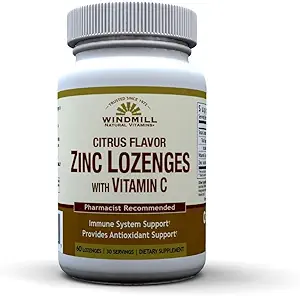 Windmill Health Natural Vitamin Zink Lozenges med C-vitamin Honey Lemon Flavor, immunsystem support, Giver Antioxidant Support, Lækker & hurtig skuespil, 60 Lozenges, 30 Servere.
