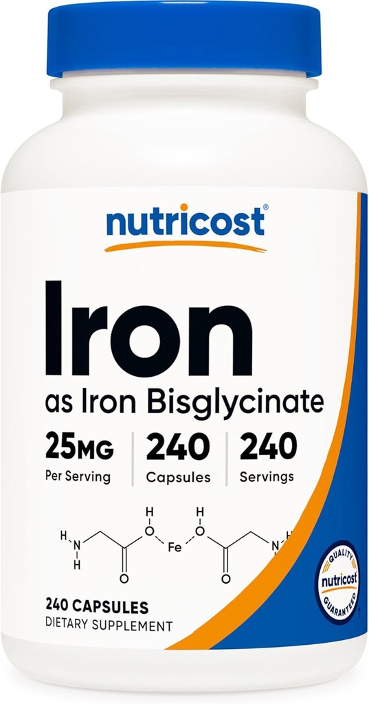 Nutricost Iron Bisglycinate Supplement (25mg) 240 Kapsler - fra ferroBisglycinat - non-GMO & gluten- fri