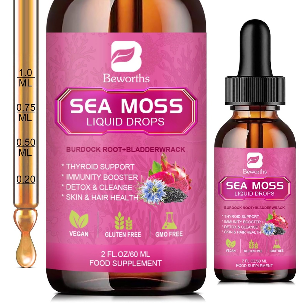 Sea Moss Liquid Drops - Organic Black Seed Oil Irish Sea Moss Gel med Burdock Root, Bladderwrack, Elderberry, C-vitamin, D3, 6X Stærkere Seamoss Gel til fordøjelse, Hårsundhed - Vegan