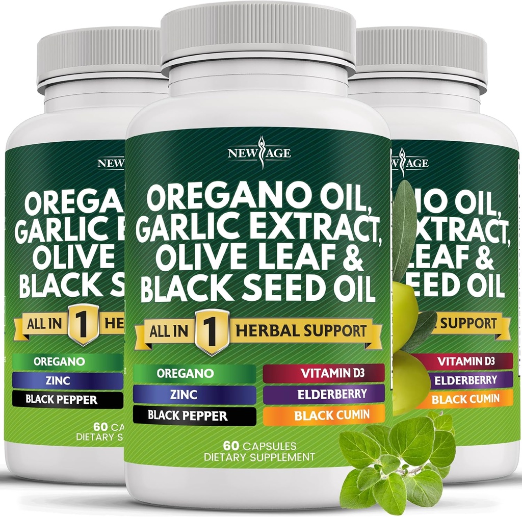 NEW AGE Oregano Oil Hvidløg Uddrag Olive Leaf med Astragalus - Supplement for kvinder og mænd - 180 Greve