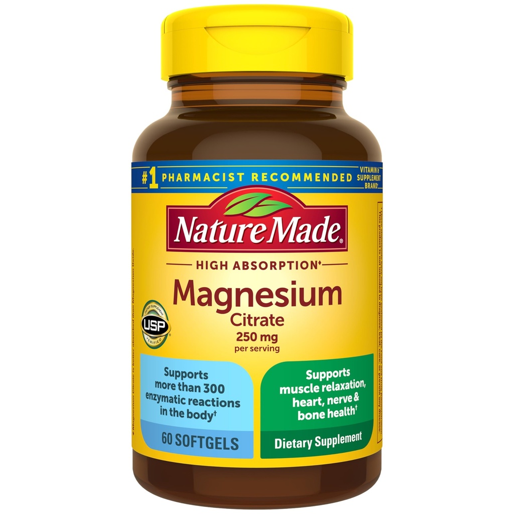Nature Made Magnesium Citrate 250 mg per portion, Magnesium Kosttilskud til mænd og kvinder, Understøtter muskel, nerve, ben og hjerte, 60 Softgels, 30 dages forsyning