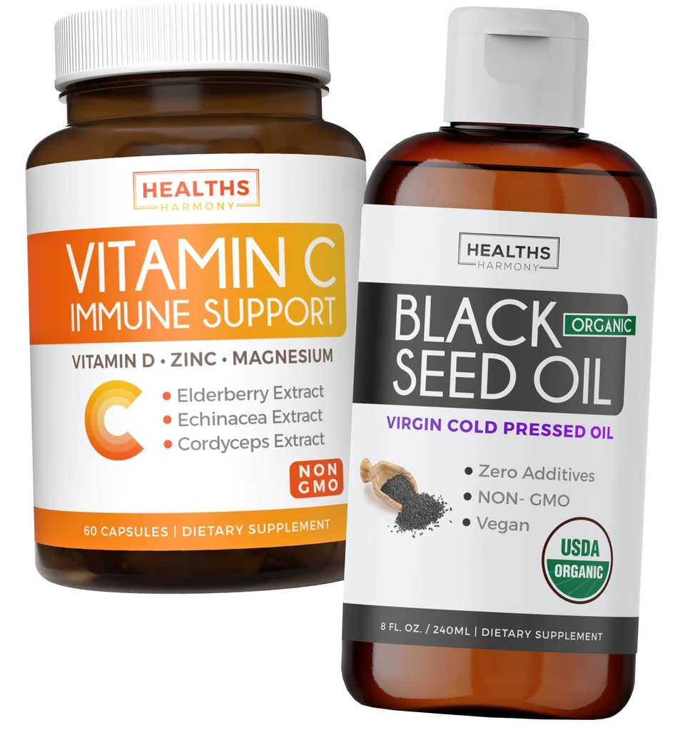 Bundle of Black Seed Oil Liquid & C-vitamin - Immunfusion Booster Pack - Organic Black Seed Oil Liquid (8fl oz) Premium Cold- presset Nigella Sativa & C-vitamin immunforsvar (non-GMO) (60 kapsler)