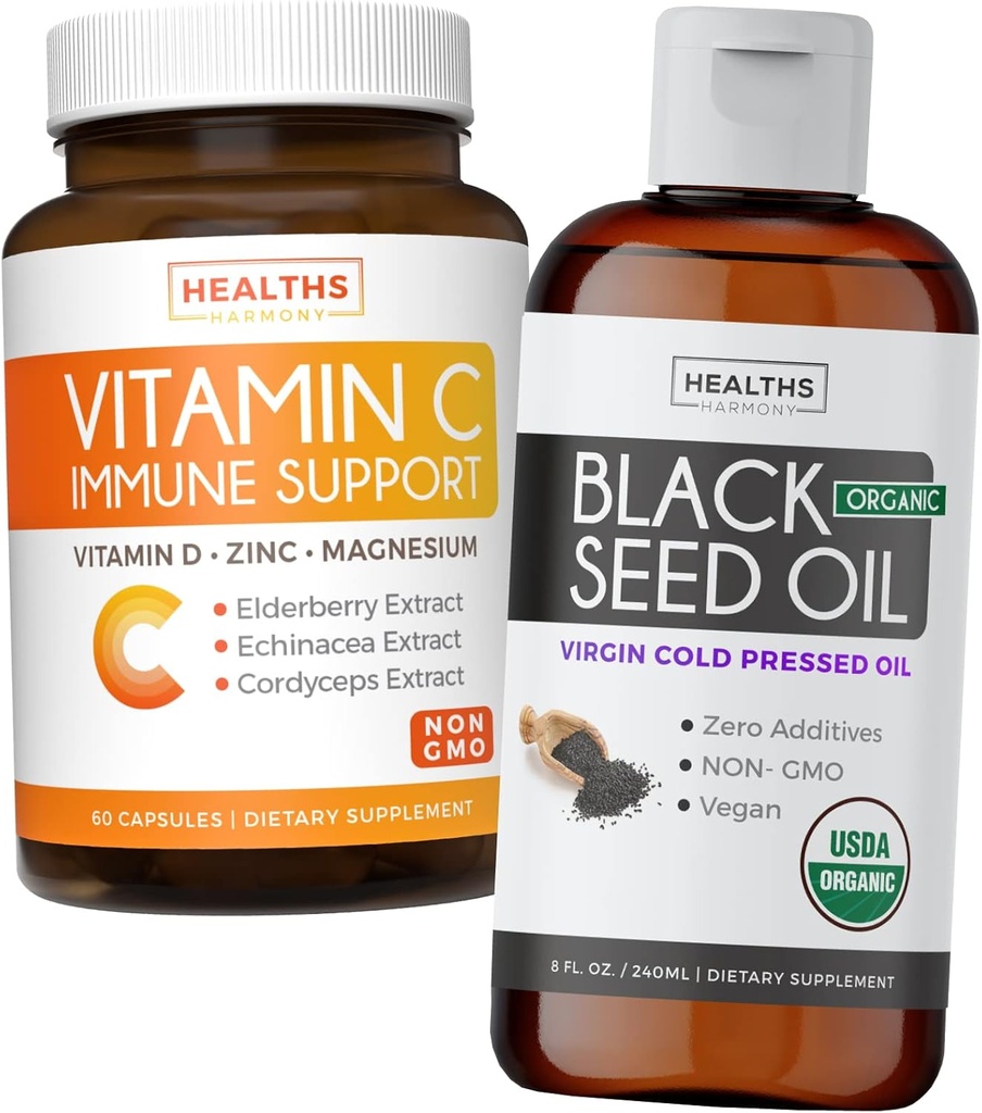 Bundle of Black Seed Oil Liquid & C-vitamin - Immunfusion Booster Pack - Organic Black Seed Oil Liquid (8fl oz) Premium Cold- presset Nigella Sativa & C-vitamin immunforsvar (non-GMO) (60 kapsler)