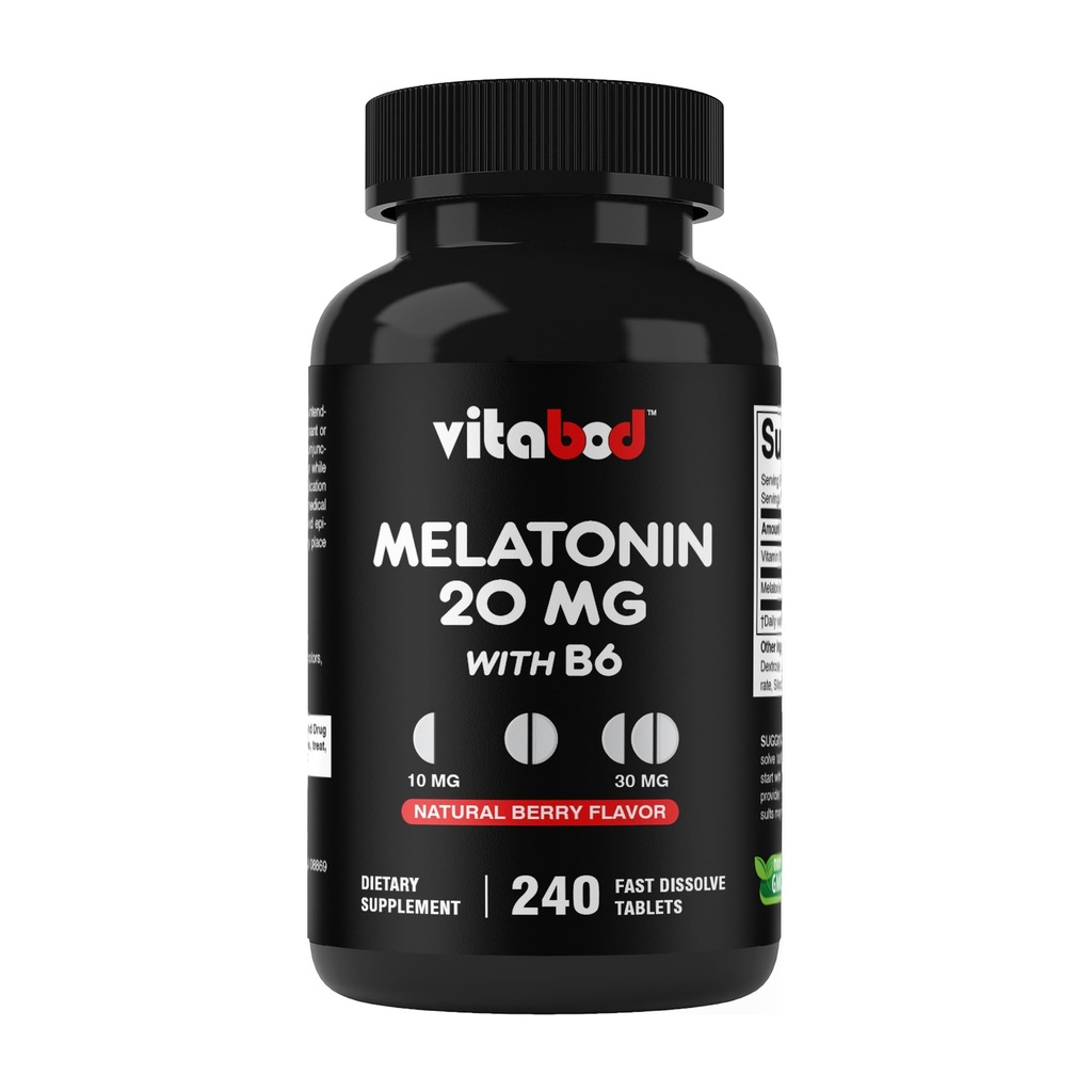 Vitabod Melatonin 20 mg - 240 Fast Dissoll Tablets - Drug Free - Natural Berry Flavor - Vegetar, Non- GMO, Gluten Free 240 Count (Pack of 1) (240 Count (Pack of 1))