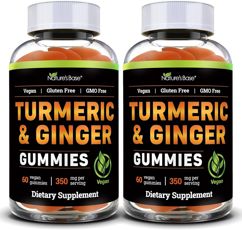 Nature 's Base Gurmerisk og Ingefær Gummies for Voksne (2 Pack) - Tumerisk Curcumin supplement til støtte fælles sundhed & immunforsvar - 120 Vegansk Gummies