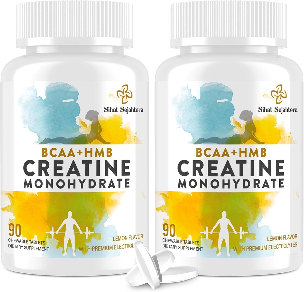 8- 1- Creatin monohydrat med BCAA & HMB, 5000 mg for mænd og kvinder, Creatin Chews for Muscle, Recovery, Endurance & Strength, High Absorption, Lemon Flavor, Sugar- Free, 180 Tablets