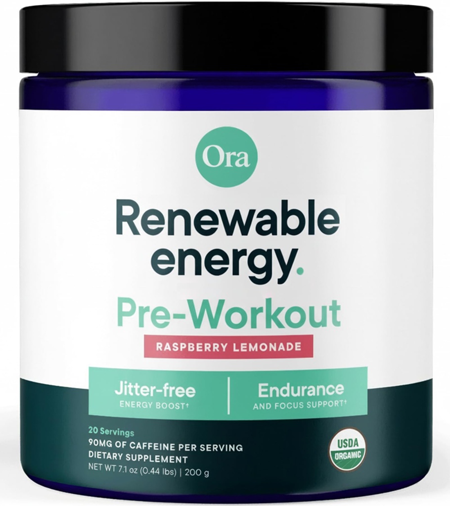 Ora Organic Natural Pre Workout Powder - Raspberry Lemonade Flavor- Giver Jitter gratis energi, Focus, Hydration, & Endurance - Vegan, Certified Organic, Soy, Dairy, & Gluten Free, 20 Servere