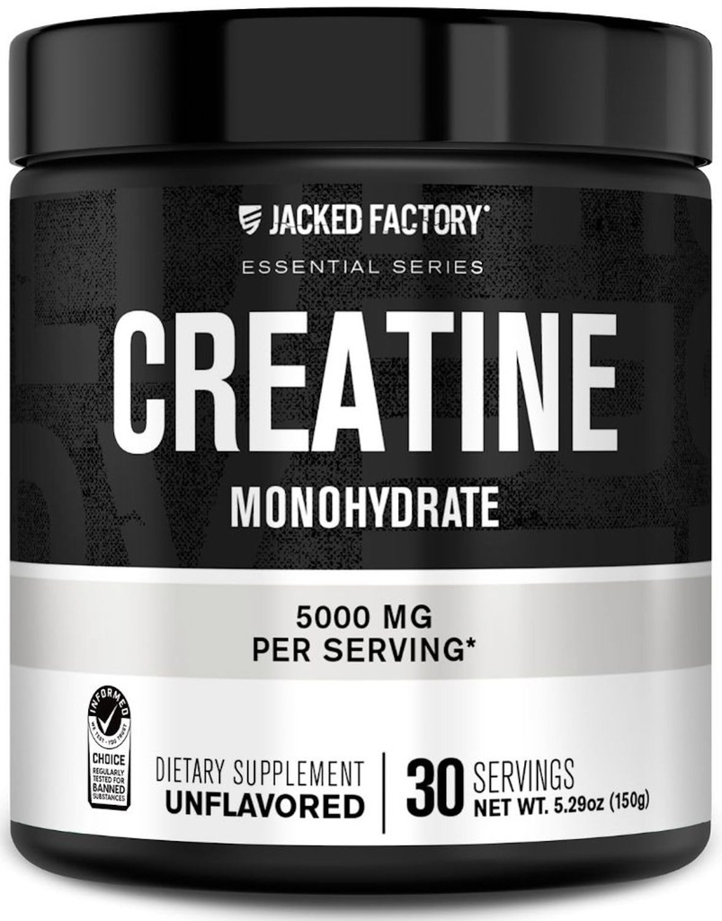 Jacked Factory Creatinine Monohydrat Powder 150g - 5g Daily Creatinine Supplement for mænd og kvinder, Vegan- Friendly, Third- Party Testet - 30 Servering, Unflavored