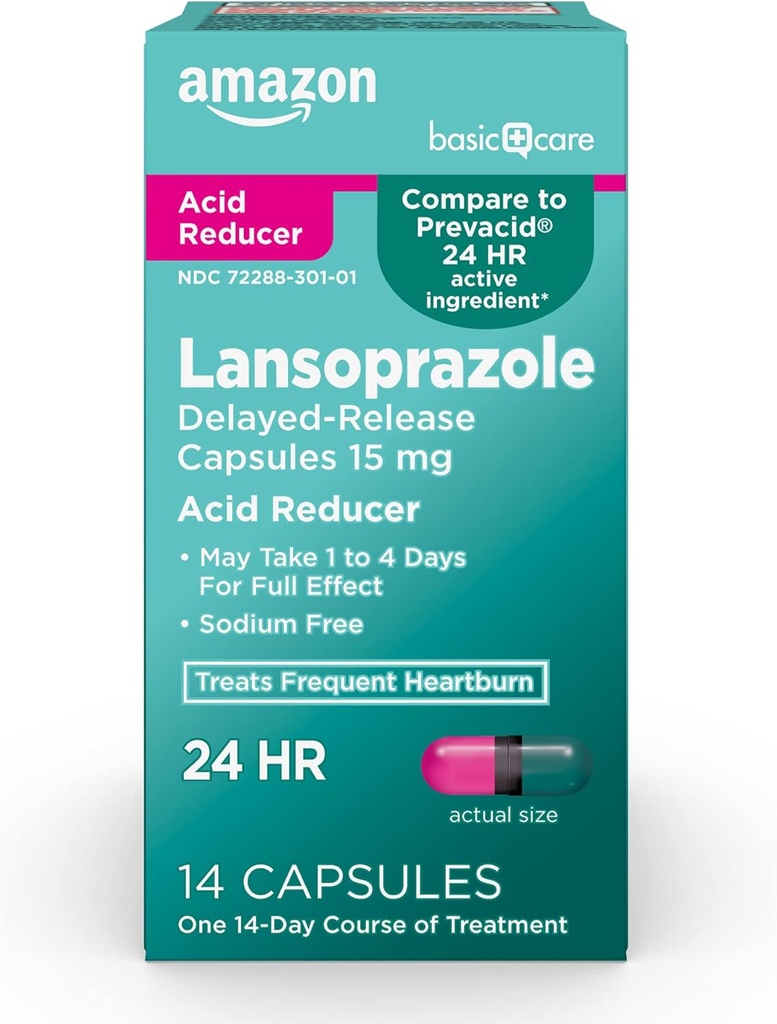Grundlæggende pleje Lansoprazol forsinket frigivelse kapsler, 15 mg, Treaths Hyppig Heartburn, 14 Greve