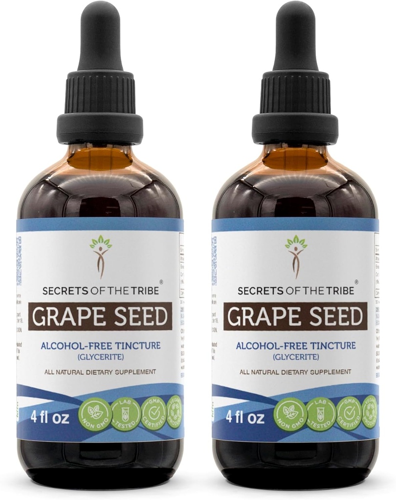 Secrets of the Tribe Grape Seed Tincture Alcohol- Free Liquid Extract, Grape (Vitis Vinifera) Tørret frø (2x4 FL OZ)