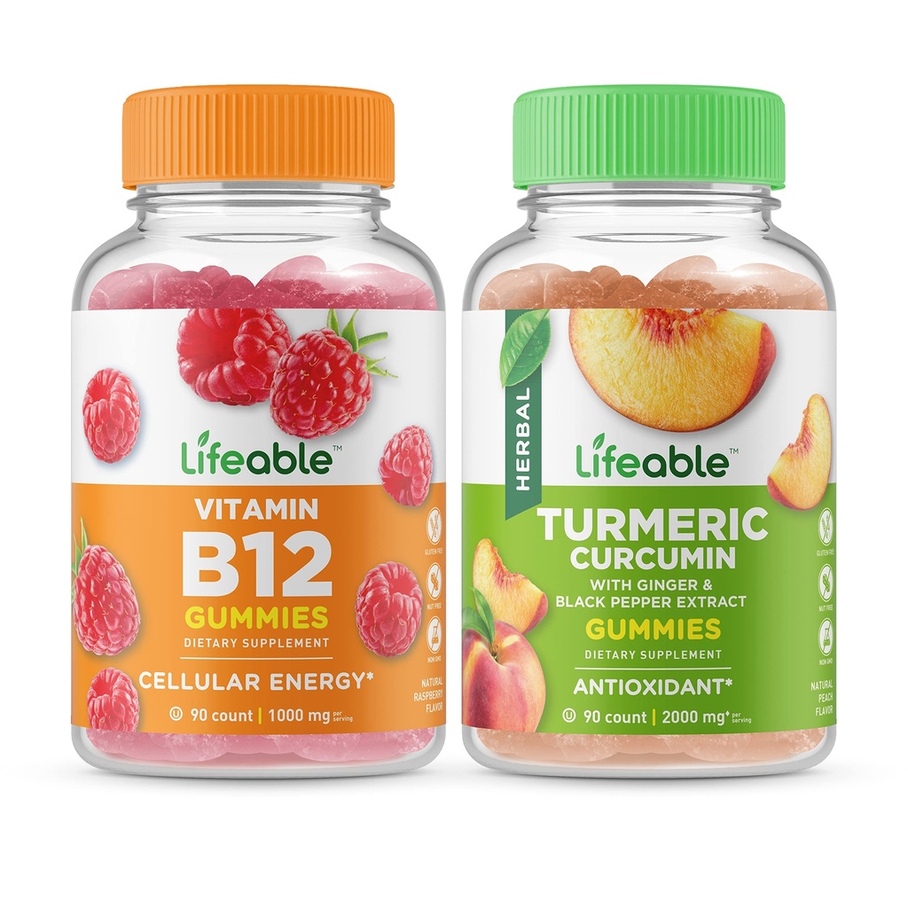 Lifeable Vitamin B12 + Gurkemeje, Gummies Bundle - Great Tasting, Vitamin Supplement, Gluten fri, GMO fri, tyggetabletter