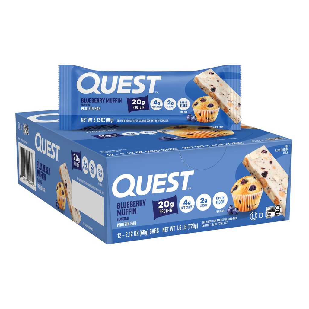 Quest Nutrition Blåbær Muffin Protein Bars, 20g Protein, 2g Sukker, 5g Net Carb, Gluten Free, Keto Friendly, 12 Greve