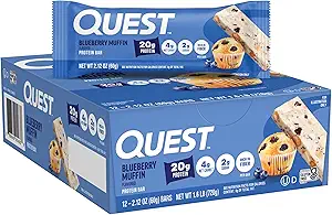 Quest Nutrition Blueberry Muffin Protein Bars, 20g Protein, 2g Sugar, 5g Net Carb, Gluten Free, Keto Friendly, 12 Count