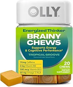 OLLY Energized Thinker Brainy Chews, 70mg af koffein, Vitamin B12 & Omega-3, Energy Supplement, Tropical Flavored, Vegetar, 20 Greve