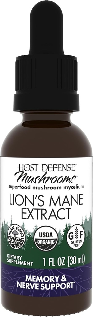 Host Defense Mushrooms Lion's Mane Extract - Lion's Mane Liquid Supplement for Brain Health - Mushroom Support for Focus & Memory Function - Immune & Nervous System Support - 1 fl oz (30 Servings)*