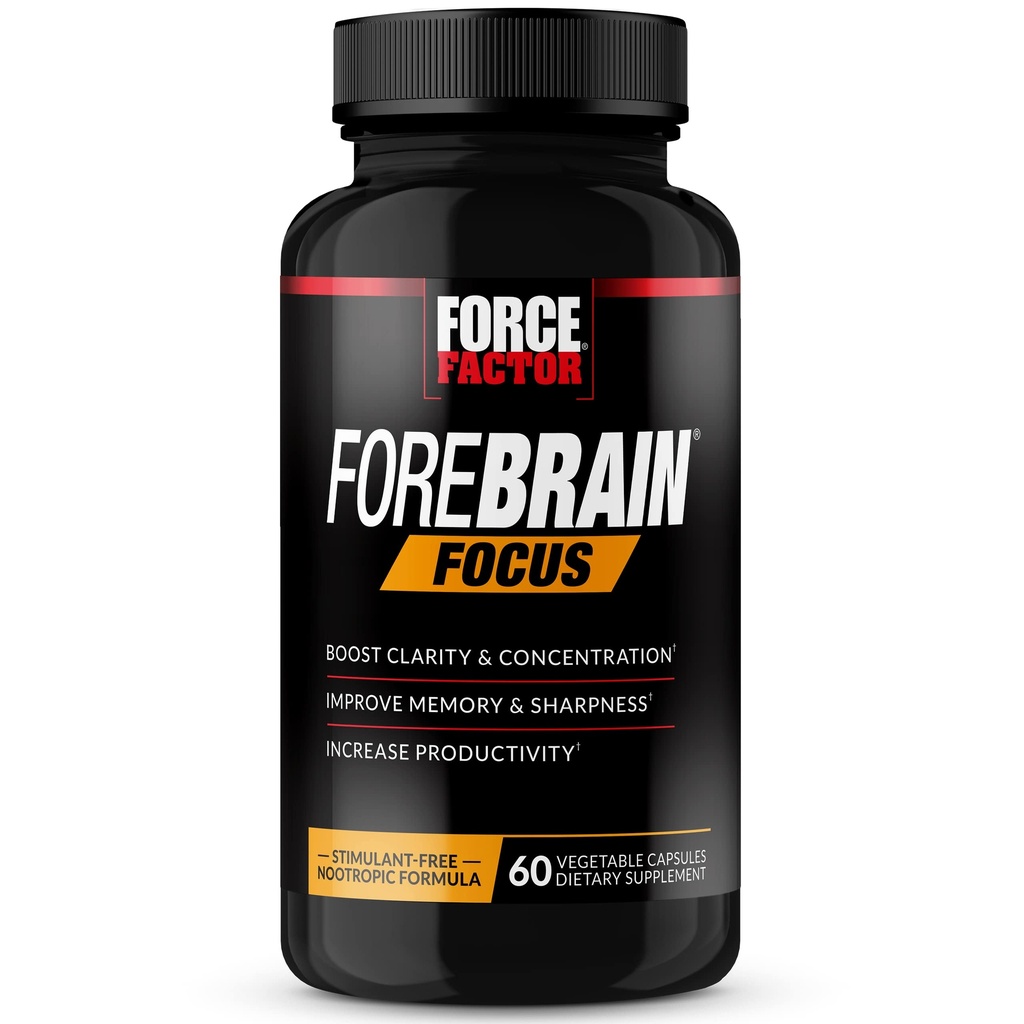 Kraftfaktor Forebrain Focus Brain Booster, Brain Supplement til Boost Klarhed & Koncentration, for hukommelse & skarphed & øge produktivitet, Nootrop Brain Support Supplement, 60 kapsler, sort