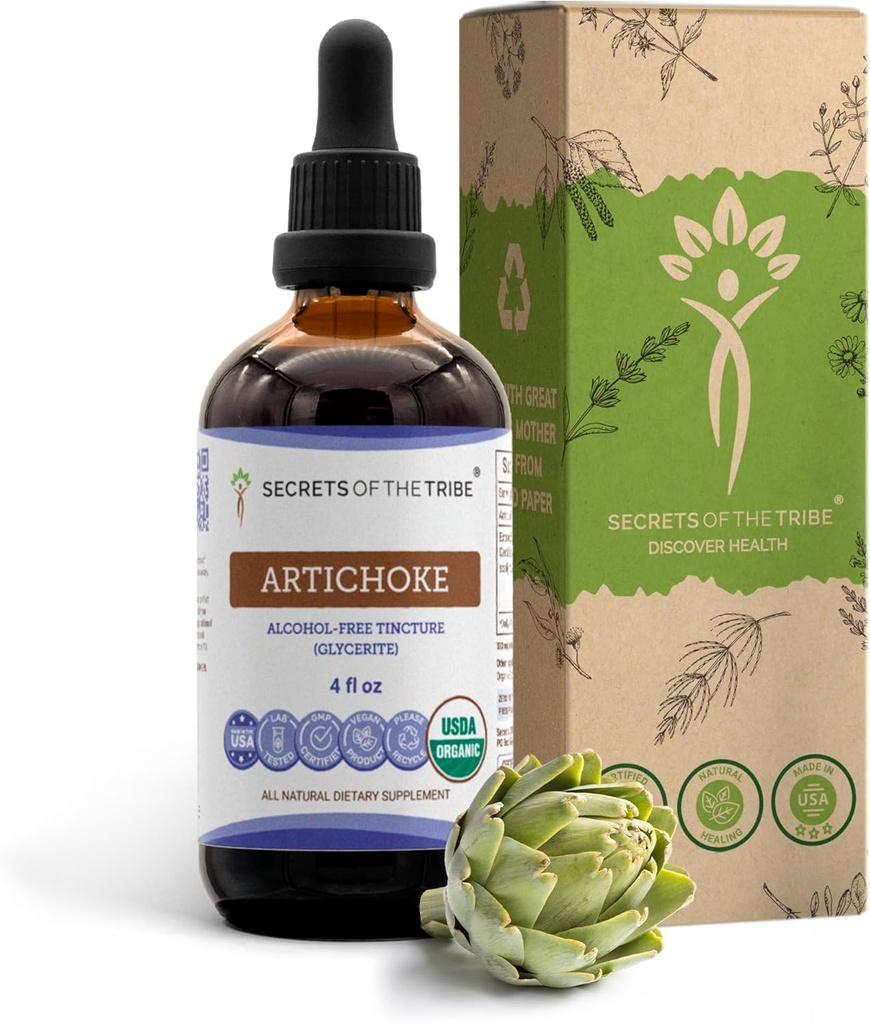 Secrets of the Tribe Artichoke USDA Organic Mezzogiorno 124; Alcohol- Free Extract, High- Potency Herbal Drops Mezzogiorno 124; Lavet af 100% Certified Organic Artichoke (Cynara scolymus) Tørret Leaf 4 oz