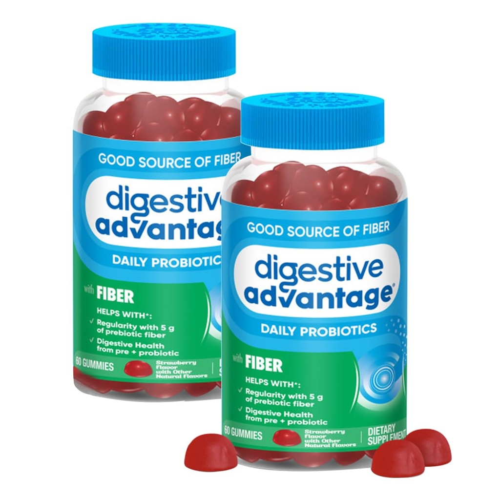 Fordøjelsesfordele Prebiotic Fiber Supplement Jordbær Flavor Gummies med Probiotika til kvinder & mænd fordøjelsessundhed, voksne Regularitet og Gut Sundhed, 60 Greve (2 Pack)