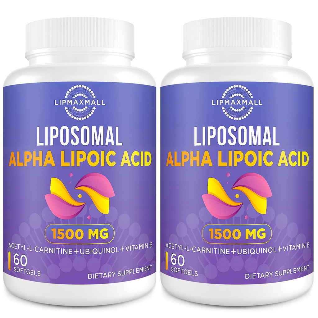 Liposomal Alpha Lipoinsyre 1500mg - med Acetyl- L- Carnitin 900mg & Ubiquinol 100mg & vitamin E 15mg MALA Supplement for antioxidanter Glucose Metabolisme Nerve Energy, 60 Softgels (2 flasker)