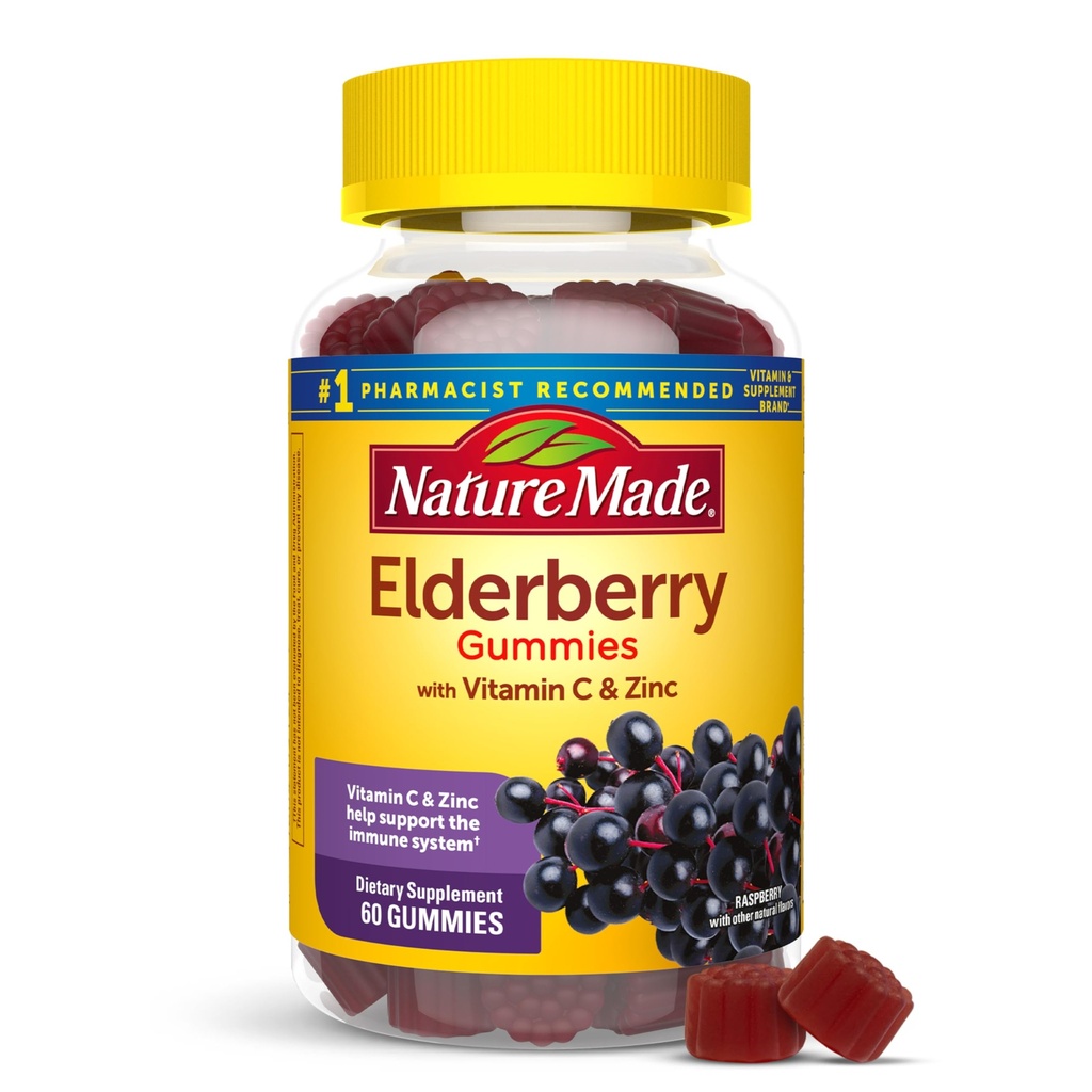 Nature Made Elderberry med C-vitamin og zink, Kosttilskud til immunforsvar, 60 Elderberry Gummies, 30 dages forsyning
