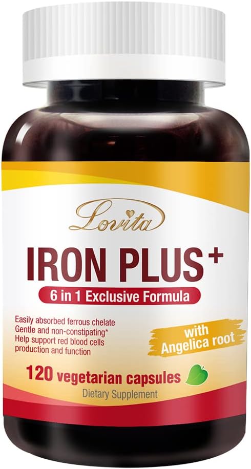 Lovita Iron 18 mg, 6 i 1 jerntilskud til kvinder, C-vitamin, Dong Quai & B12, Vegan Vitamin til støtte for produktionen af røde blodceller uden obstipation, 120 kapsler