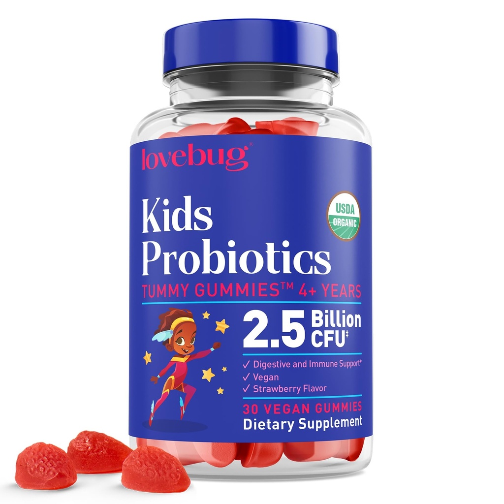 LOVEBUG Kids Probiotiske Gummies - Økologisk Chewable Probiotika til børn i alderen 4 +, Soil-baserede børns Probiotika til Gut Sundhed, Forstoppelse, fordøjelse og immunforsvar, Vegan, 30 Chews, Jordbær