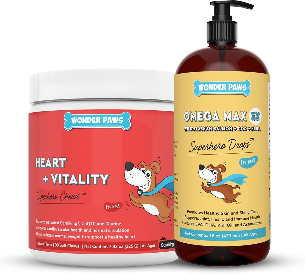 WONDER PAWS Heart + Vitality Superhelt Chews Plus Omega Max Fish Oil - for hunde hjerte sundhed, hud og fælles pleje & immunforsvar - Heart + Vitality 90 Chews - Omega Max 16 Ounces