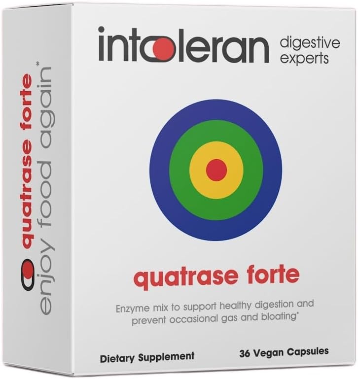 Intoleran Quatrase Forte fordøjelsesenzymer - 36 Kapsler - 124; Højdoseret supplement til FODMAP Intolerance - 124; Hjælper med den største laktose og komplekse kulhydrater * - 124; Pure & Vegan - 124; Lav FODMAP