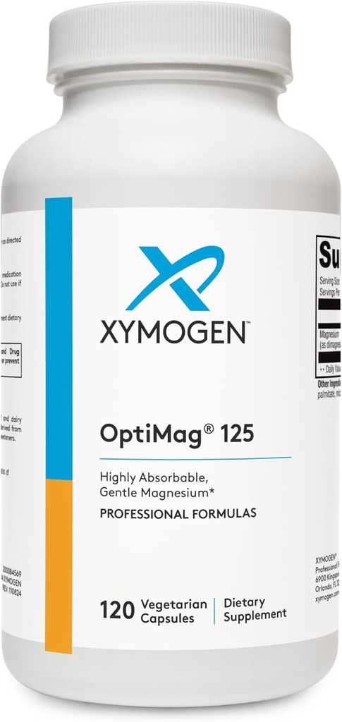 XYMOGEN OptiMag 125 - Magnesiumtillæg med Di- Magnesiummalat & Glycinat Lysinat til Support Nerve, Muskel, Knoglehelbred + Heart Health (120 kapsler)