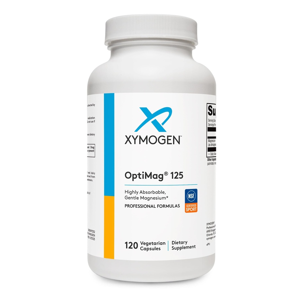 XYMOGEN OptiMag 125 - Magnesiumtillæg med Di- Magnesiummalat & Glycinat Lysinat til Support Nerve, Muskel, Knoglehelbred + Heart Health (120 kapsler)