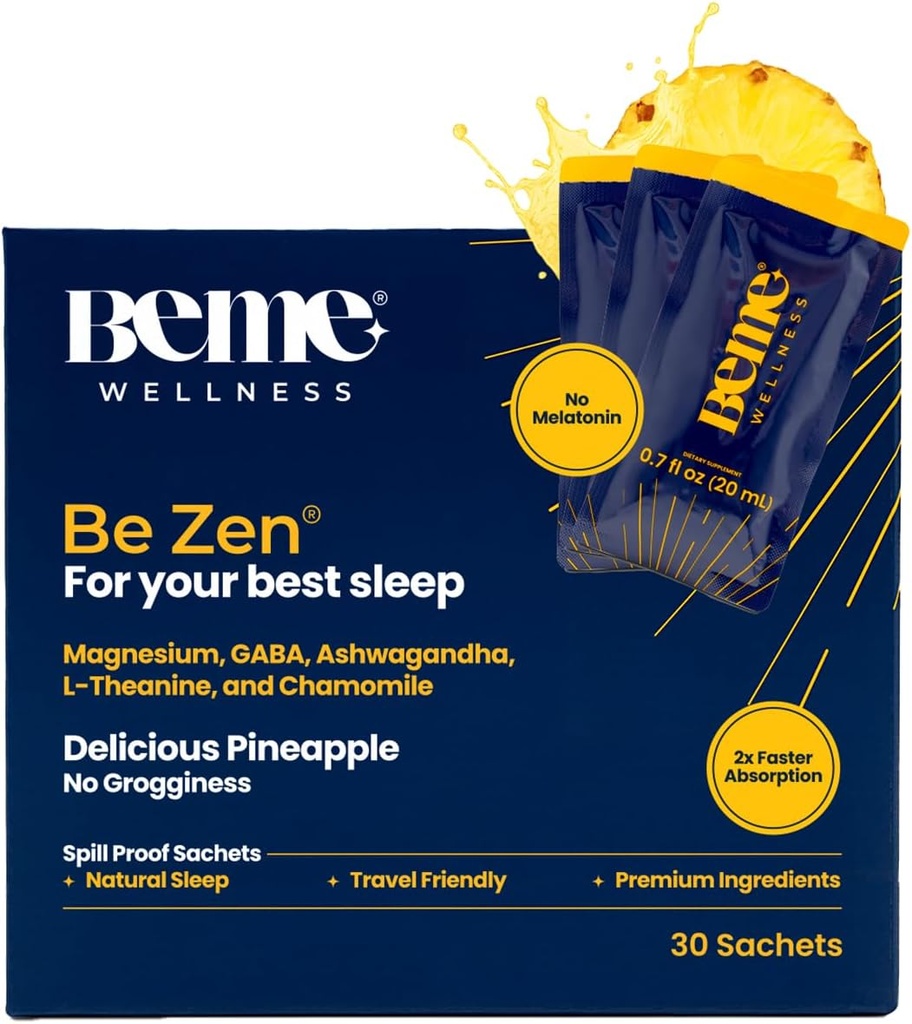 BeMe BeZen Sleep Support Natural without Melatonin - 2X Absorption Than Pills - Sleep aids for voksne med Magnesium, Ashwagandha, Kamille, L-Theanine & GABA - lækker Ananas