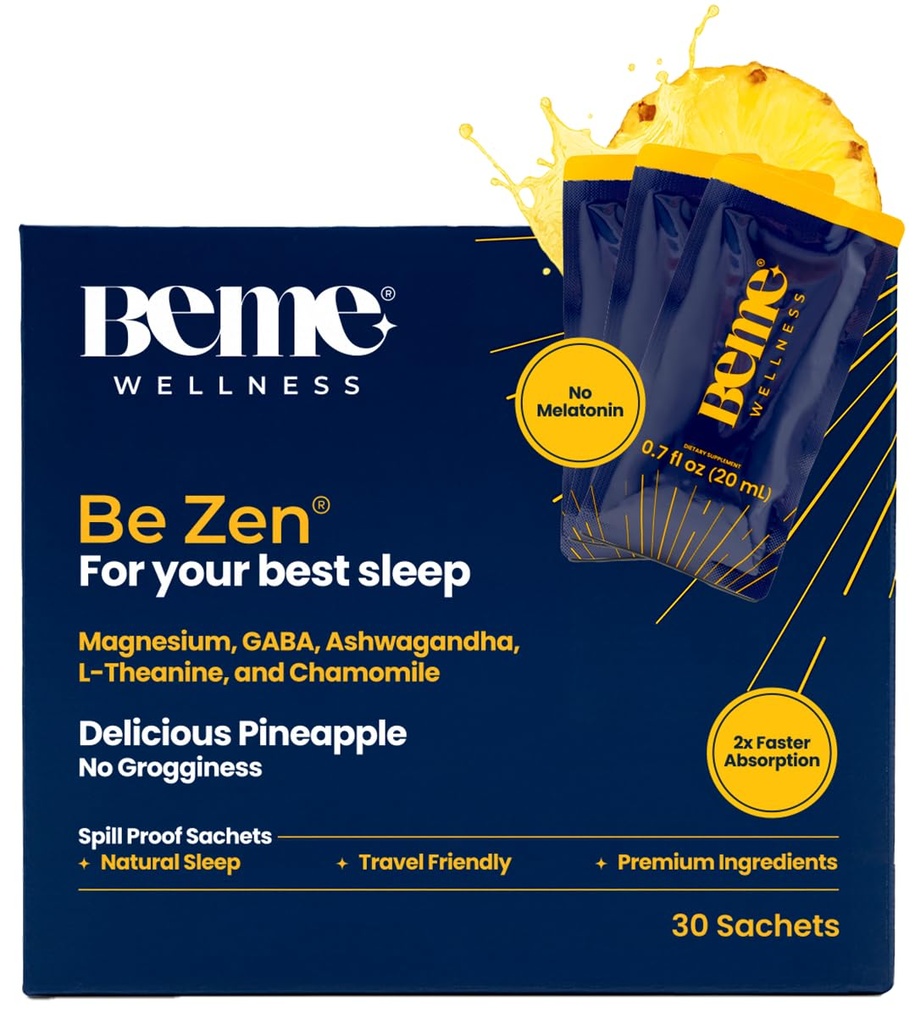 BeMe Magnesium Drink for Sleep - Melatonin-Free Magnesium for Sleep with Ashwagandha, L-Theanine & GABA - Fast-Absorbing Calm Pineapple - 30 Sachets
