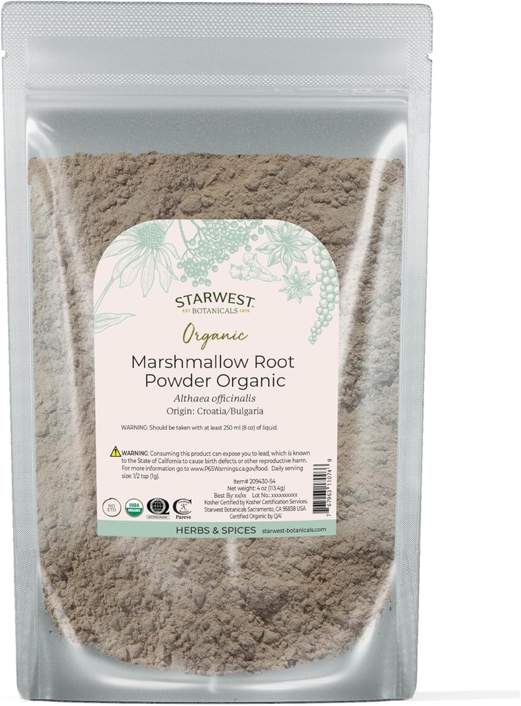 Starwest Botanicals Organic Marshmallow Root Powder - Tørret urt til te, kapsler, & urteblandinger, Certificeret Kosher, Non- GMO - 4 oz Pouch