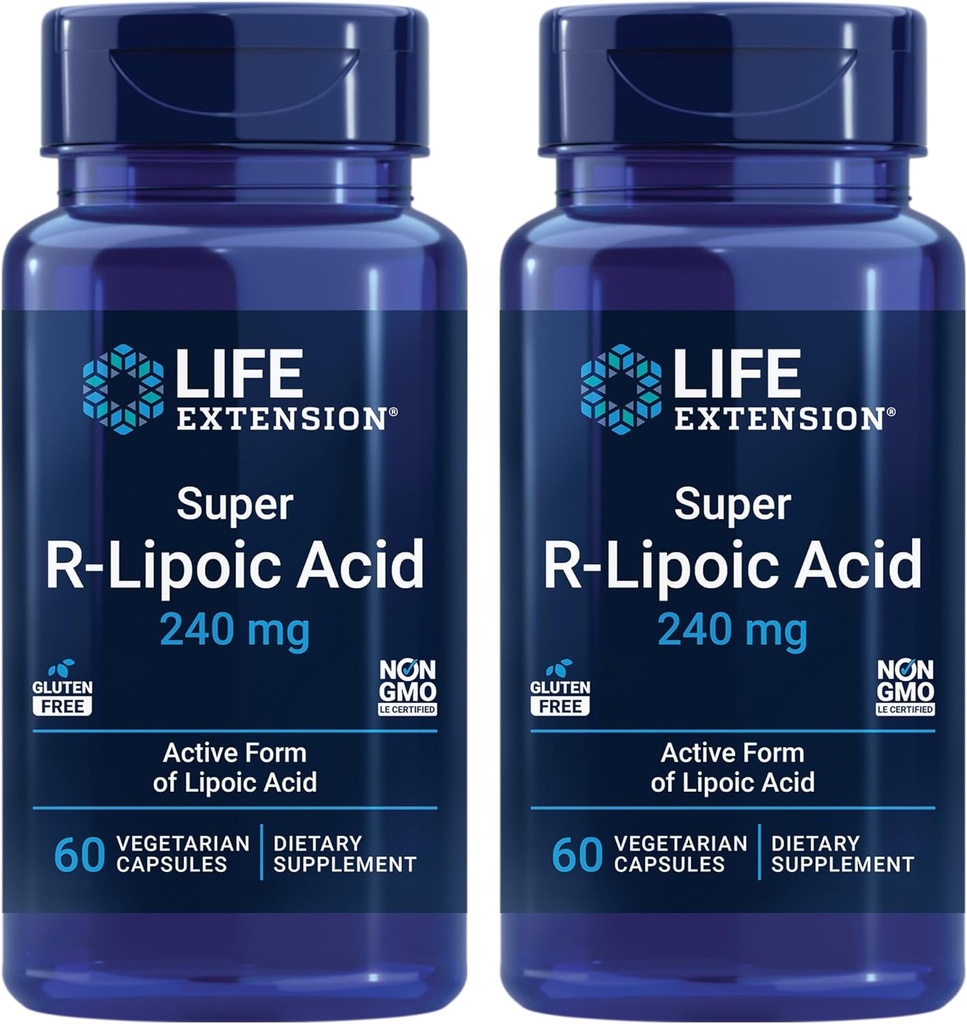 Life Extension Super R- Lipoic Acid - Sund Aging, oxidativ Stress Defense - med 240 mg aktiv R- Form af R- Lipoic Acid - Gluten- Free - Non- GMO - Vegetar - 60 kapsler (2 Pack)