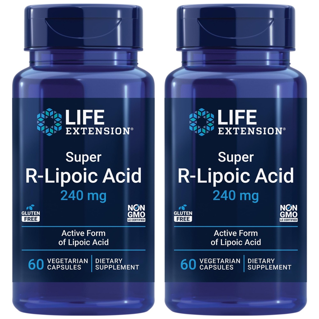 Life Extension Super R- Lipoic Acid - Sund Aging, oxidativ Stress Defense - med 240 mg aktiv R- Form af R- Lipoic Acid - Gluten- Free - Non- GMO - Vegetar - 60 kapsler (2 Pack)