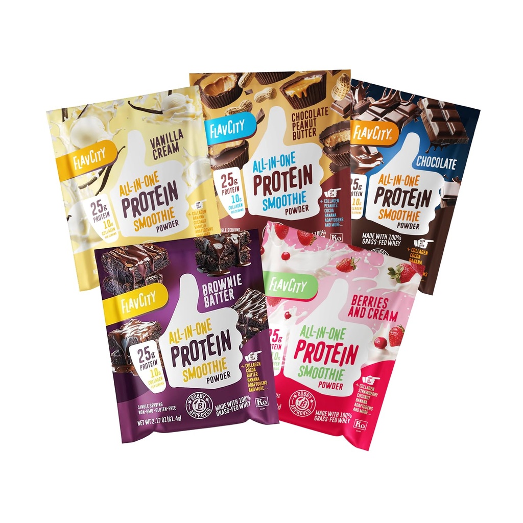 FlavCity Grass Fed Whey Protein Powder - Variety Pack - 25g Protein & 10g Collagen - 5 Single Serve Pakninger - Lavet med Organic Reishi & Cordyceps - Gluten Free & No Tilded Sugars