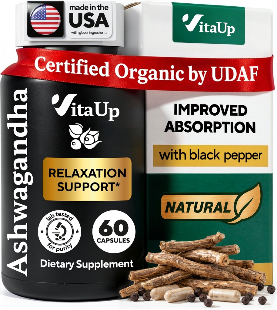 Ashwagandha Capsules 1310mg with Black Pepper - USA Made Ashwagandha Kosttilskud til afslapning Support, Normal Kognitiv Funktion & Balancerede Energiniveauer - 60 Caps