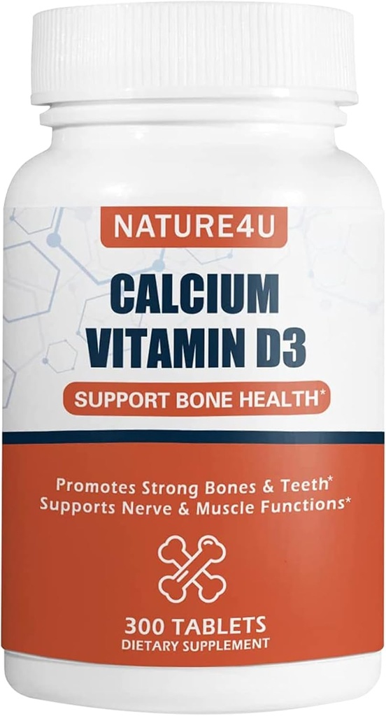 Calcium 1000 mg med vitamin D3, bentilskud til voksne, Support Muscel Nerve Health and Calcium Absorption, 300 tabletter