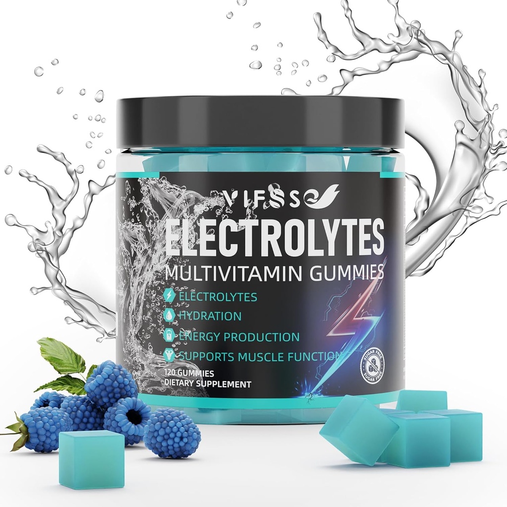 Elektrolyter Gummies Ingen sukker, 120 Chewable Electrolyte Gummies med 6 Elektrolyter til løbere og Endurance Sport, Forfriskende Blå Hindbær, Hydrering Elektrolyte Tyre, 1 Pack