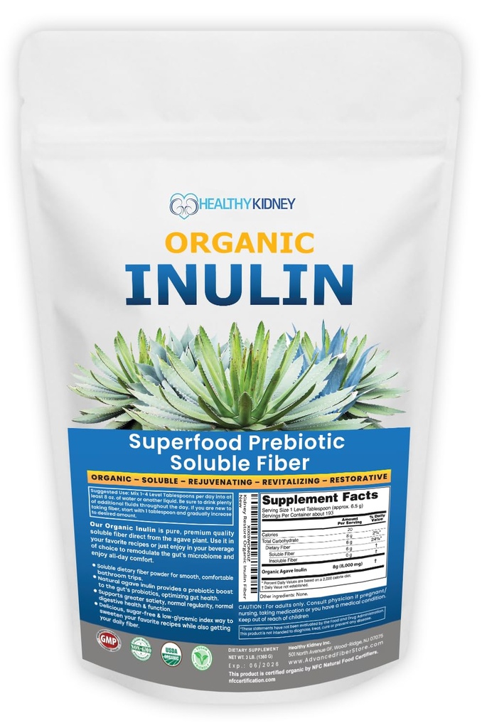 Økologisk inulin pulver (48oz / 3 lbs) Gentle Agave Prebiotic Opløselige Fiber supplement til fordøjelsesstøtte, Gut Sundhed, Vegansk bagning, Smoothies & drikkevarer