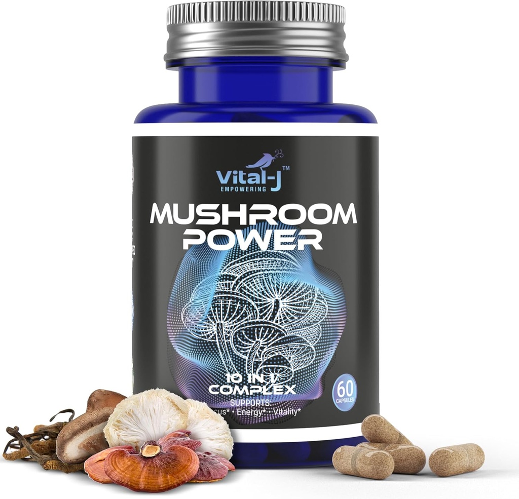 Mushroom Power Complex 10- in-1 W / Cordyceps, Reishi, Shiitake & Lions Mane, Nootrop Kosttilskud til Gut Microbiome, Focus, Energy & Vitality - 60 kapsler
