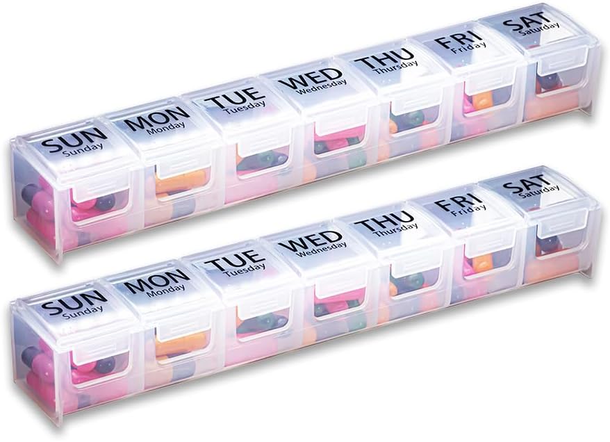 GMS Weekly Pill Organizer - 7-dages mærket Segment Pill sag for kosttilskud, vitaminer og medicin - Secure Linkes - Ideel til daglig brug & rejser - Clear - 2 Pack