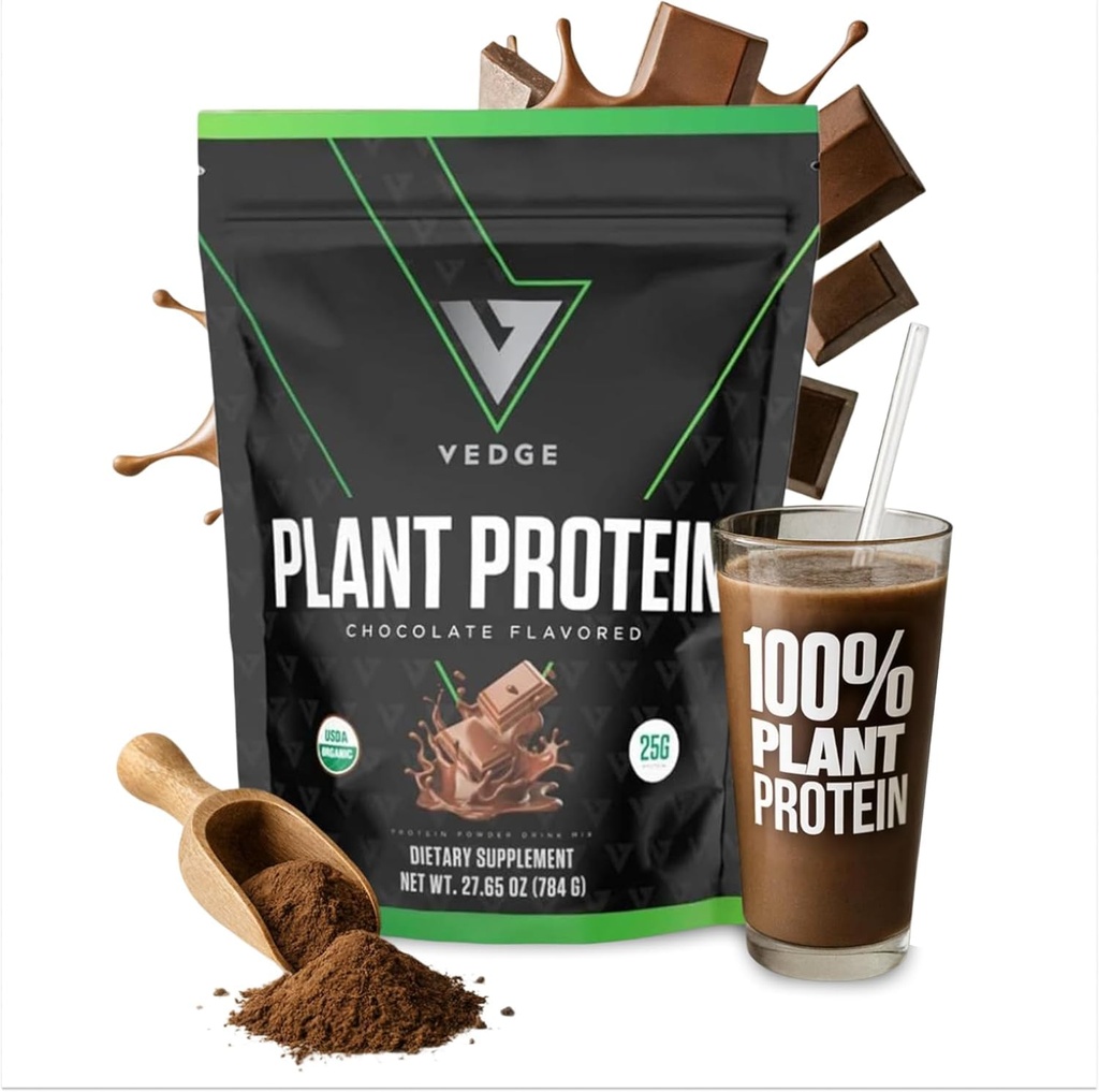 vedge Vegan Protein Powder - Plant Protein Powder med Pea, Pumpkin & Sunflower - USDA Organic, Aminosyrer, Dairy Free, Gluten Free, Soy Free, Keto, Non GMO, Glat Texture - Chokolade - 20 Servere