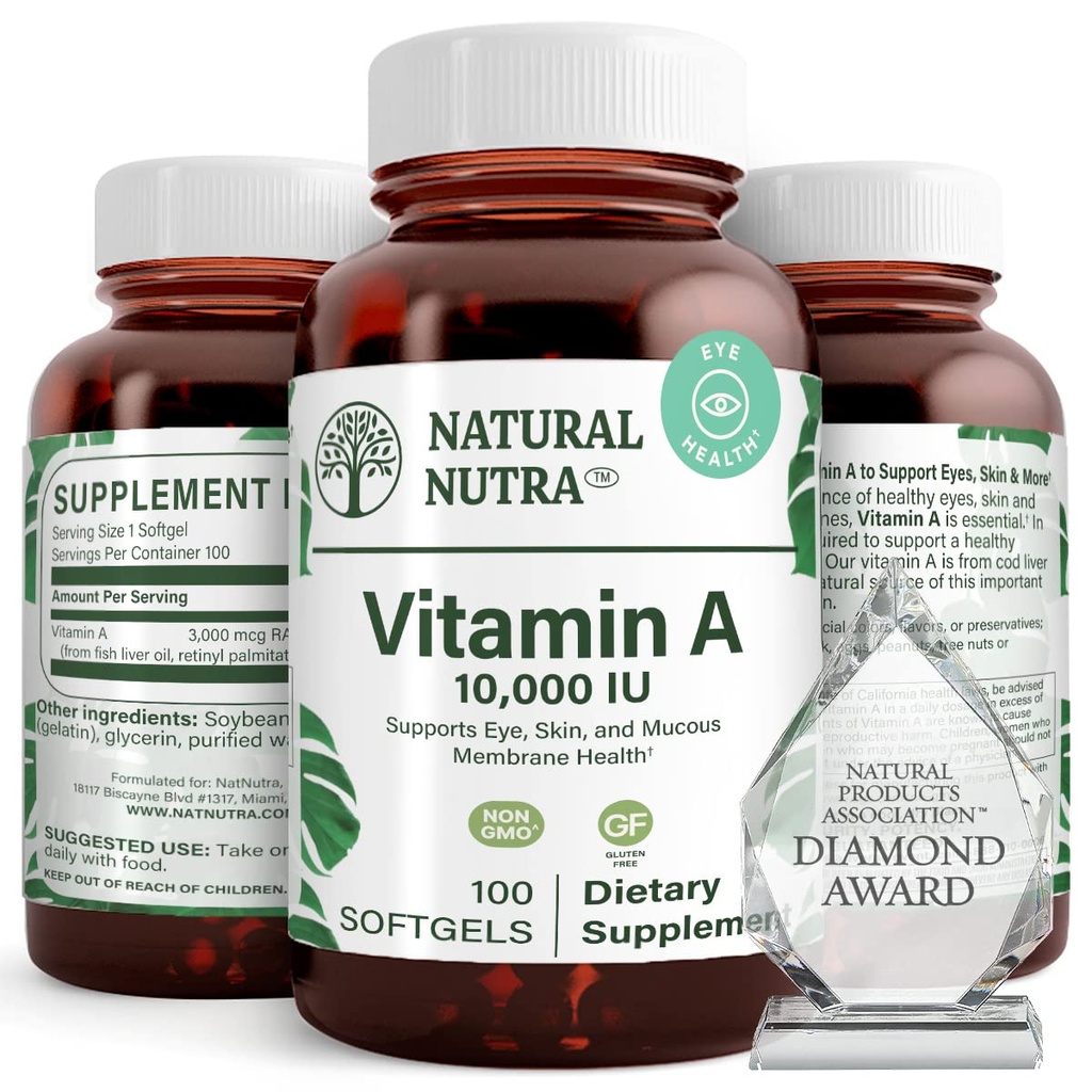 Naturlige Nutra Vitamin A 10.000 IE Softgels - High Potency Eye and Skin Vitaminer - Gluten- Free Vitamin A tillæg for syn & hudsundhed - Fisk Lever olie til mænd og kvinder, Gluten Free 100 Softgels