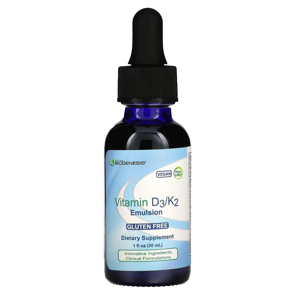 Nutra Biogenese Vitamin D3 / K2 Emulsion - flydende D-vitamin dråber med MCT olie, D3 K2 supplement til voksne og børn, Sublingual Oil Dropper til kvinder og mænd - 1 Fl Oz flaske (30 ml)