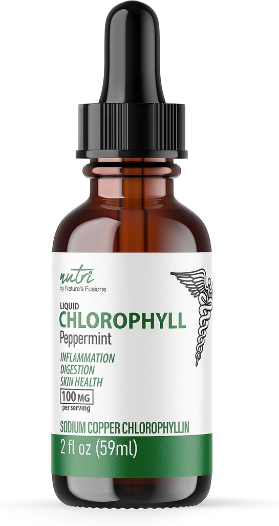 Naturens Fusioner Nutri Liquid Chlorophyll Pebermynte 100mg - Intern Deodorant & Detoxifier - Liquid Drops - 2 fl oz (59 Servere, 100mg per Servering) - Clorophila Liquida