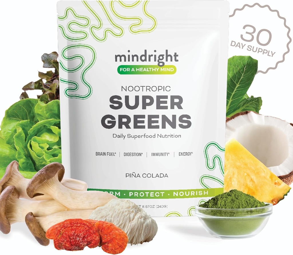 mindright Super Green Powder - Understøtter Daily Wellness & Mental Clarity - Organic Green Powder Superfood - Alkaliserende Organic Superfood Green Blend - 1 greve - 30 dages levering