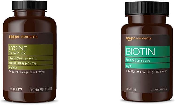 Elementer Lysin Complex med C-vitamin (1500 mg L- Lysin med 100 mg C-vitamin per servering - 3 tabletter), understøtter immunforsvar, vegetar, 195 Greve (Emballage kan variere) og Elementer Vegan Biotin 5000 mcg - hår, hud, negle, 130 kapsler (4 måneders forsyning) (Emballage kan variere)