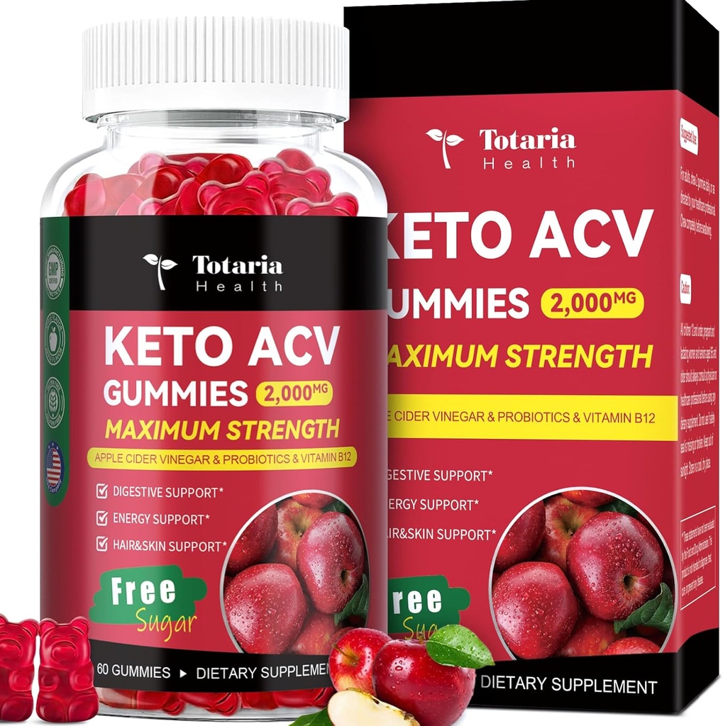 Totaria Keto ACV Gummies - 2000mg Apple Cider Vincious Gummies Sugar- Free Support Stational Sundhed med Probiotika, B12, Keto Kosttilskud til kvinder og mænd, 60 Counts